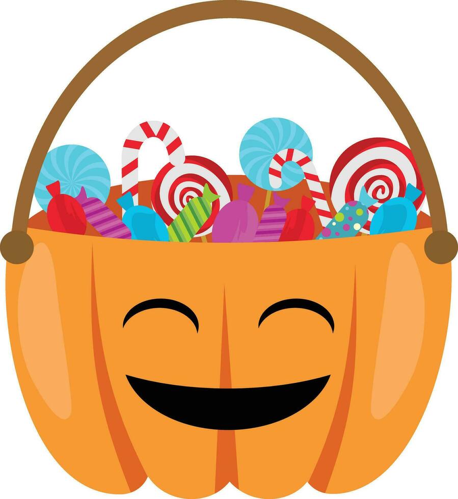 Halloween pumpkin with candies. Cartoon candy pumpkin basket, lollipop, jelly food and candy cane vector illustration. Halloween pumpkins, lollipops and candies