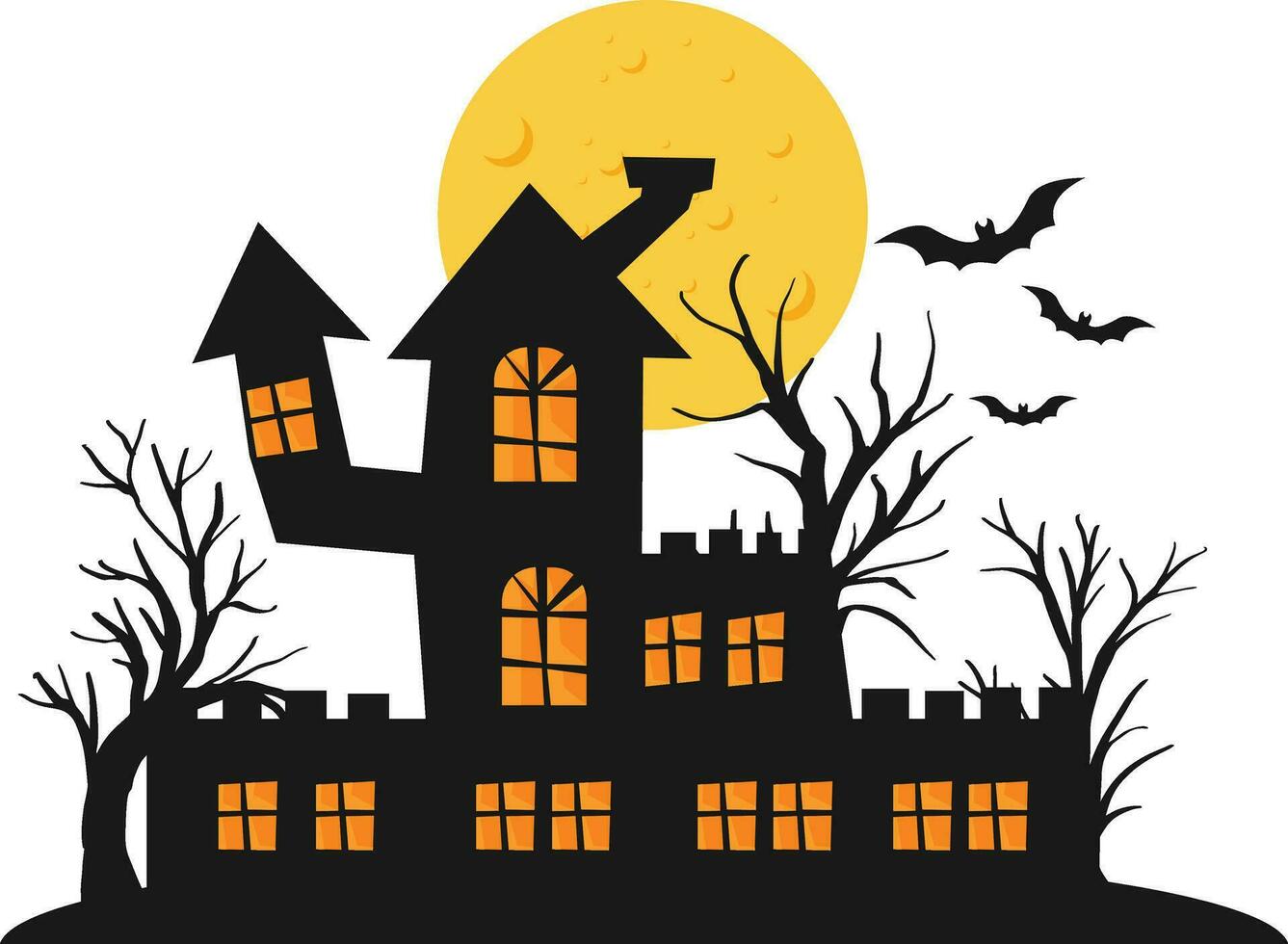 Vector black house with fence and trees with orange moon and bat silhouettes. Cute Halloween card