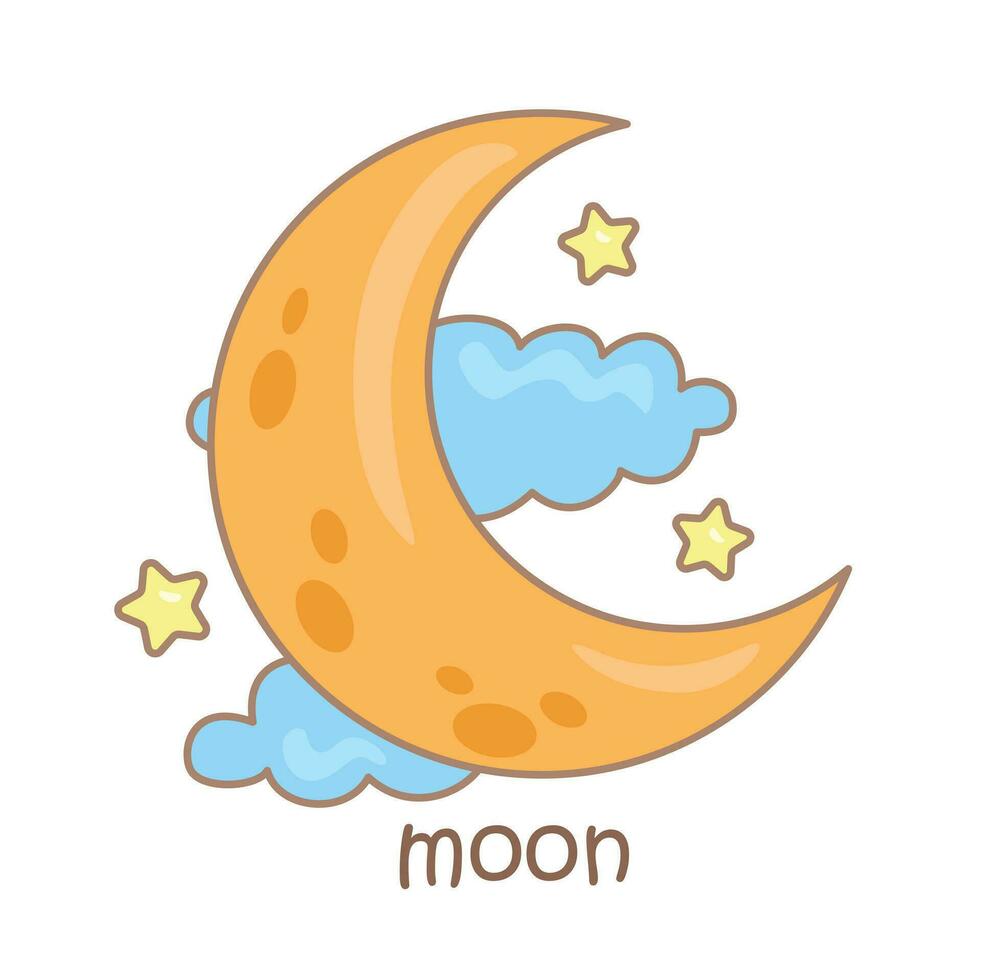 Alphabet M For Moon Vocabulary School Lesson Cartoon Illustration Vector Clipart Sticker