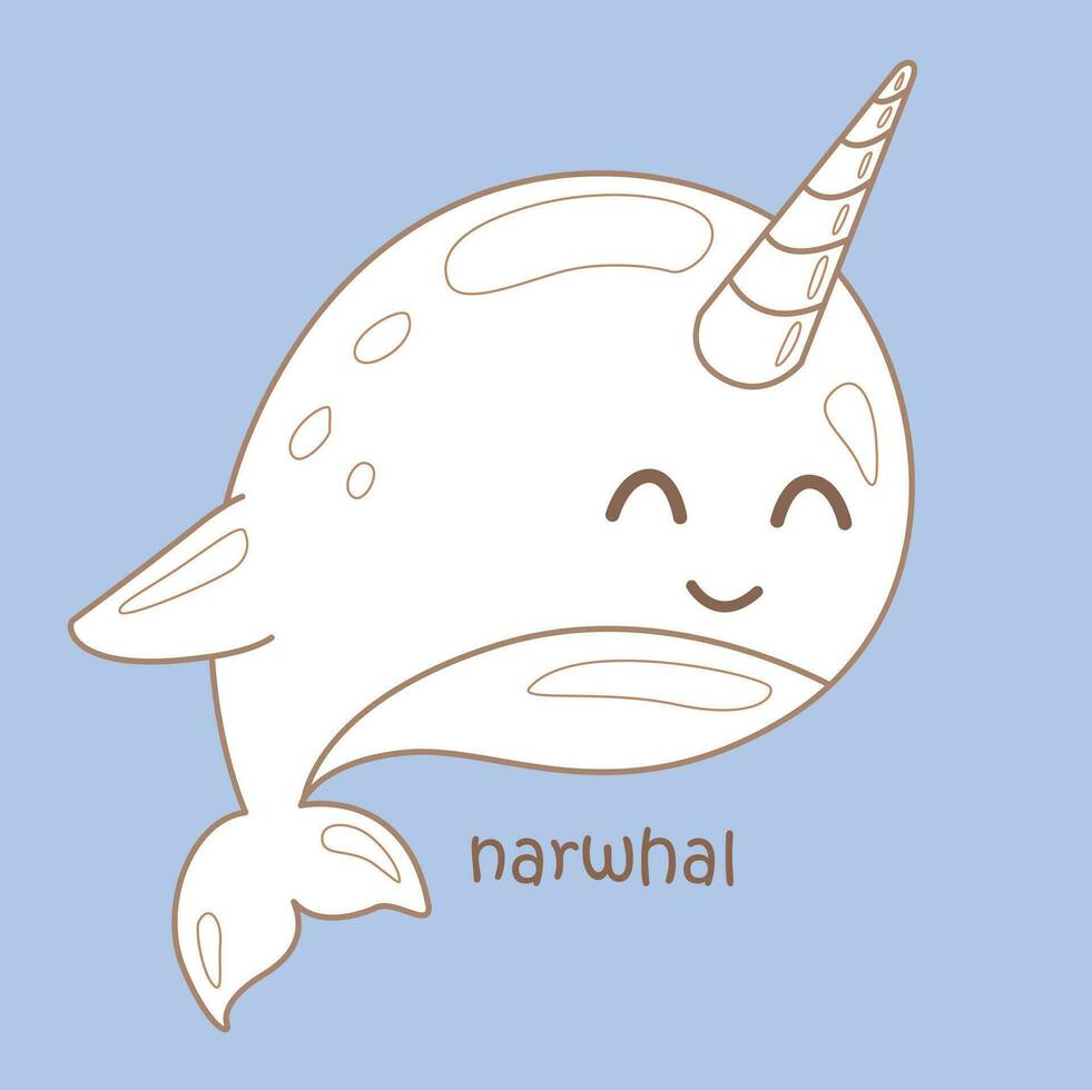 Alphabet N For Narwhal Vocabulary School Lesson Cartoon Digital Stamp Outline vector