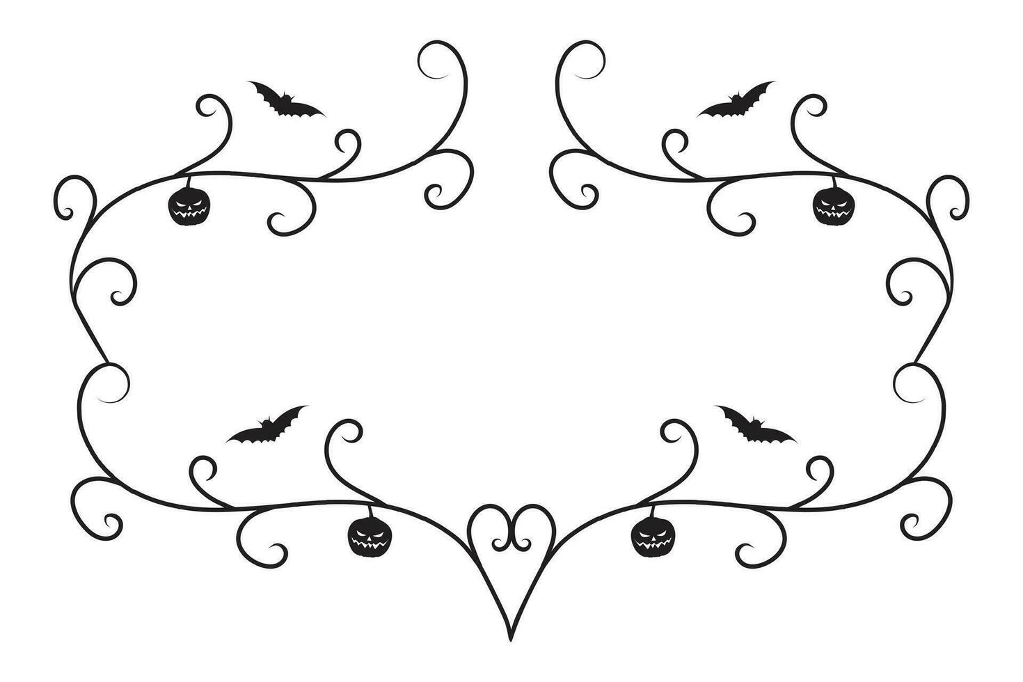 set of Halloween calligraphy flourish filigree wilds swirls, decorative elements elegant vines spiral corner frame, bat pumpkin heart vine scroll scary spider dry tree style calligraphic ornaments vector