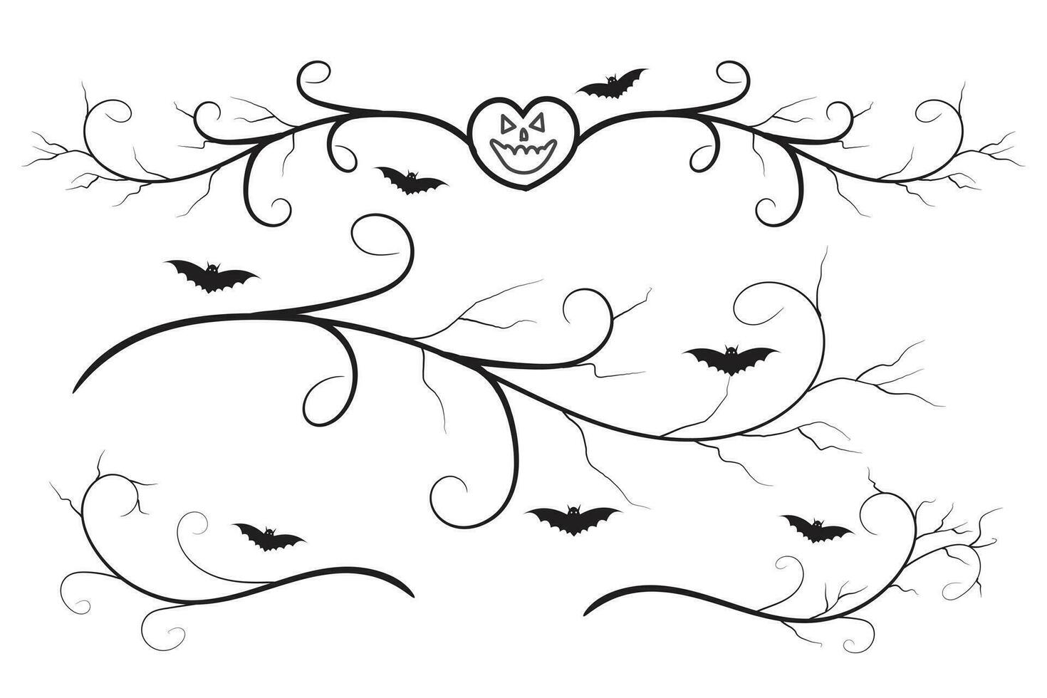 set of Halloween calligraphy flourish filigree wilds swirls, decorative elements elegant vines spiral corner frame, bat pumpkin heart vine scroll scary spider dry tree style calligraphic ornaments vector