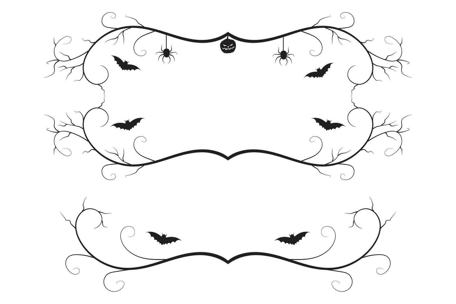 set of Halloween calligraphy flourish filigree wilds swirls, decorative elements elegant vines spiral corner frame, bat pumpkin heart vine scroll scary spider dry tree style calligraphic ornaments vector