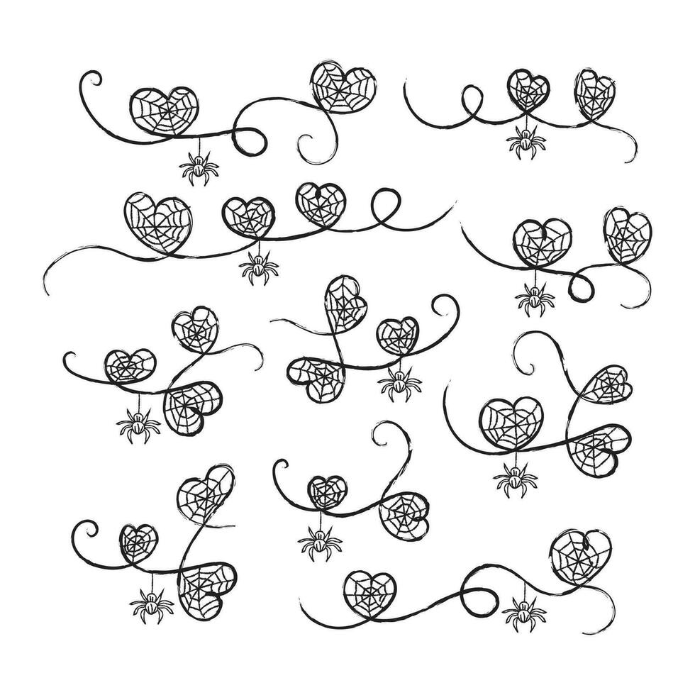 Thin line brush effect Halloween bat pumpkin face scary spider web Heart, swirl divider line art calligraphy couple loves ornaments, hand-drawn love infinity flourish decorative elements vector