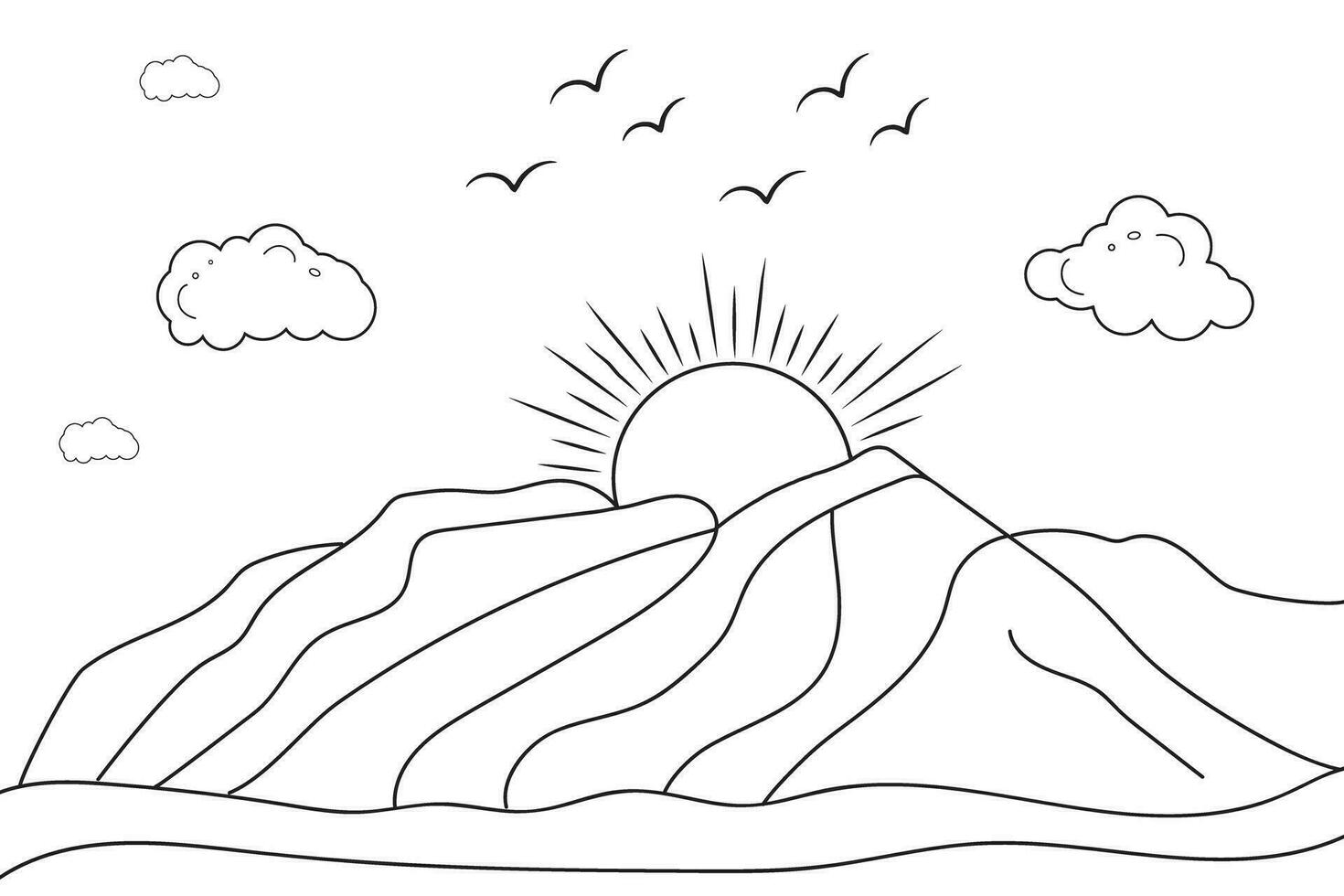 dibujado a mano línea Arte paisaje montaña vista, con Dom y nubes, debajo el río, salvaje playa puesta de sol y amanecer contorno olas naturaleza vista, lago línea dibujo isla sierras, niños dibujo colorante página vector