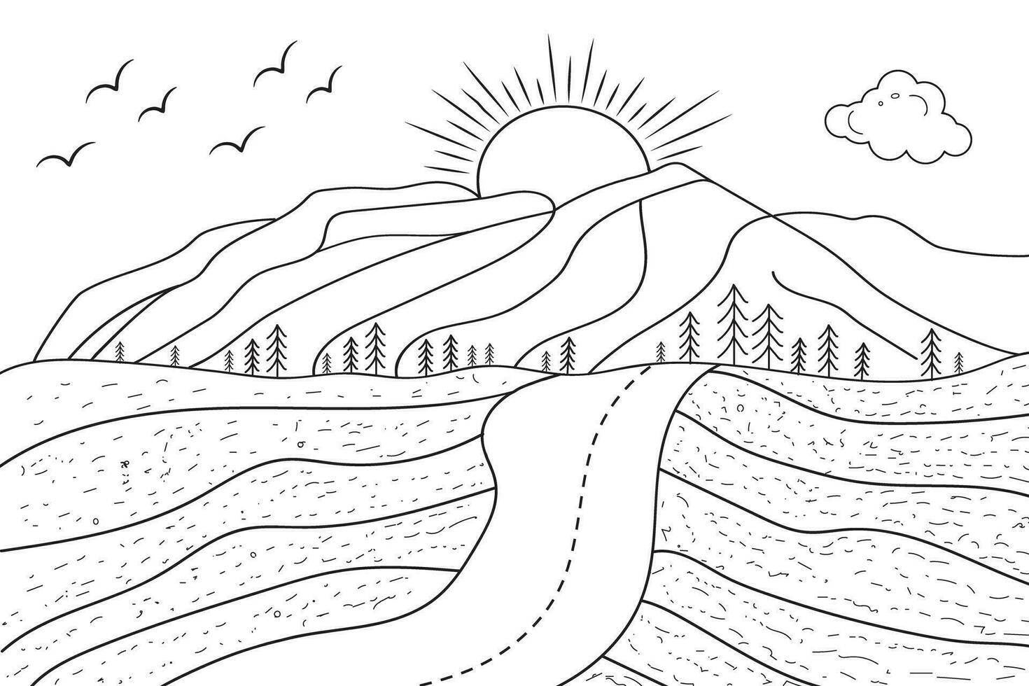 hand-drawn line art landscape mountain view, with sun and clouds, under the river, wild beach sunset and sunrise outline waves Nature view, lake line drawing island hills, Kids drawing coloring page vector