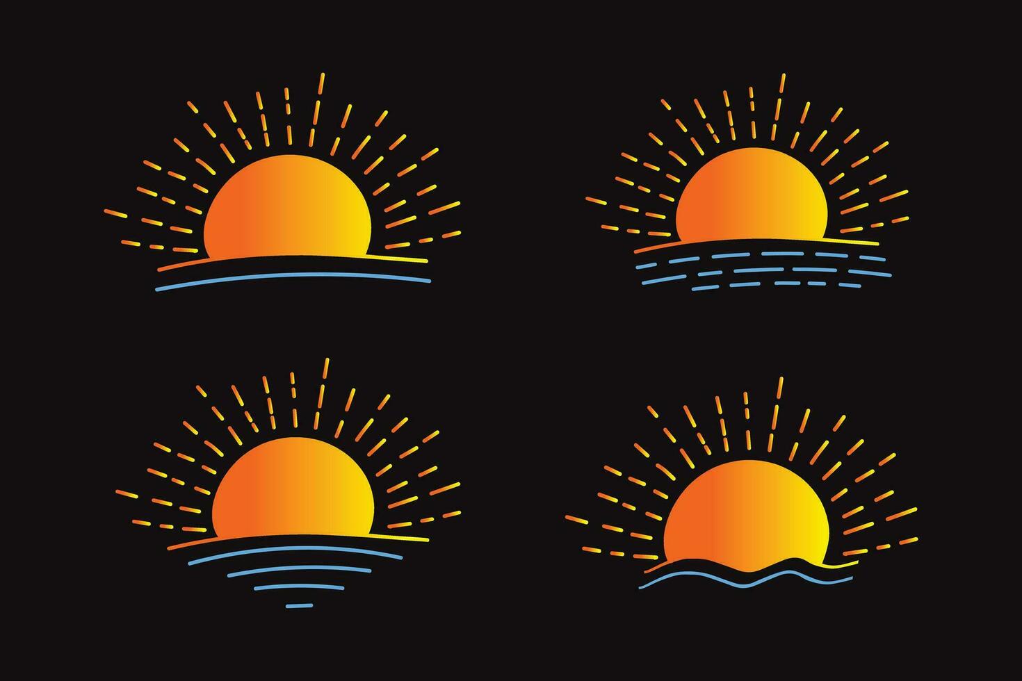 set of hand-drawn isolated sun vectors, summer Sunrise Sunset sunshine sunlogo icon, Rising sunlight icon, Summertime sunbeam icons, line art Yellow sun collection, hot weather icons, water waves vector