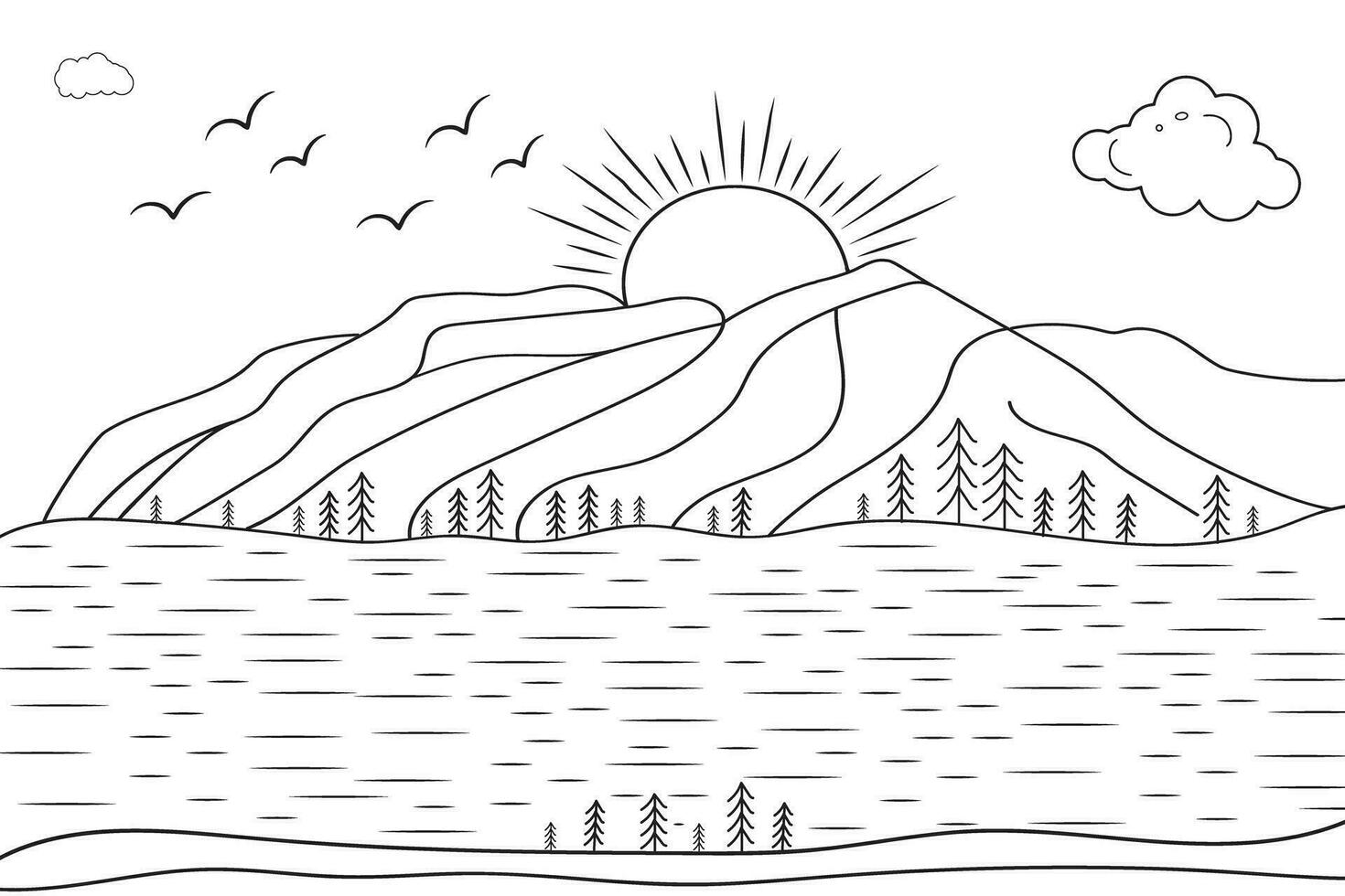 hand-drawn line art landscape mountain view, with sun and clouds, under the river, wild beach sunset and sunrise outline waves Nature view, lake line drawing island hills, Kids drawing coloring page vector