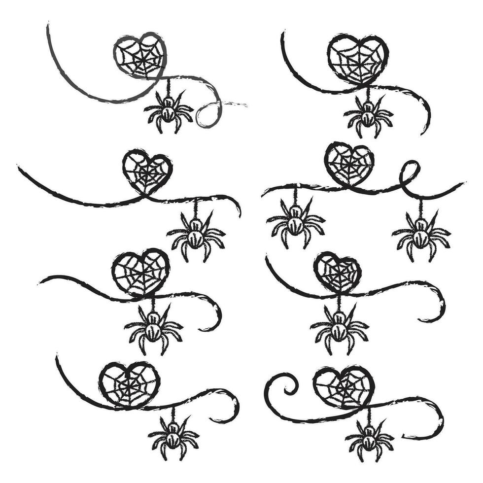 Thin line brush effect Halloween bat pumpkin face scary spider web Heart, swirl divider line art calligraphy couple loves ornaments, hand-drawn love infinity flourish decorative elements vector