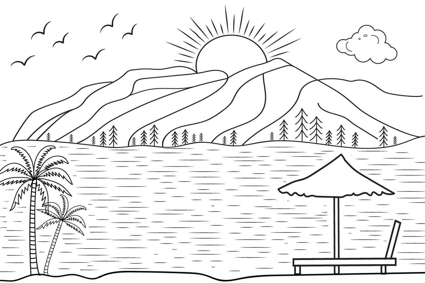 hand-drawn line art landscape mountain view, with sun and clouds, under the river, wild beach sunset and sunrise outline waves Nature view, lake line drawing island hills, Kids drawing coloring page vector