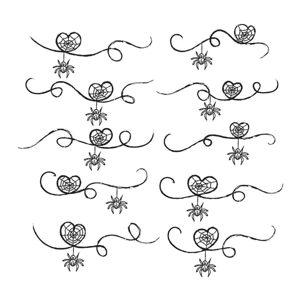 Thin line brush effect Halloween bat pumpkin face scary spider web Heart, swirl divider line art calligraphy couple loves ornaments, hand-drawn love infinity flourish decorative elements vector