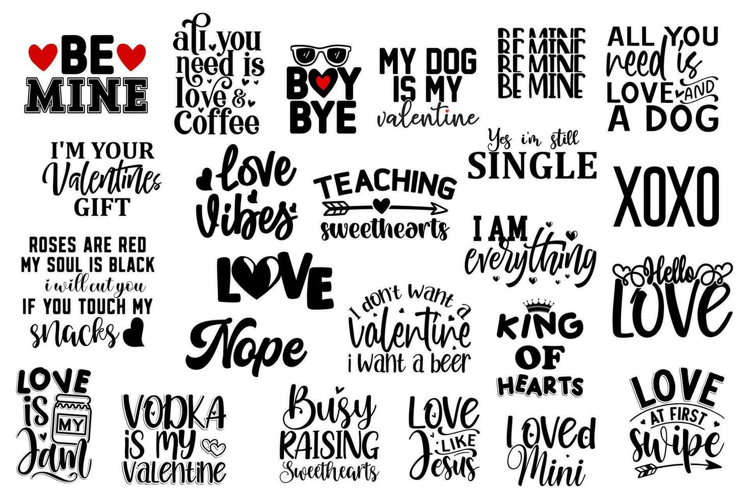 Big collection of Valentine's day typography, sayings, and stickers flat vector. Valentine quotes elements set. vector