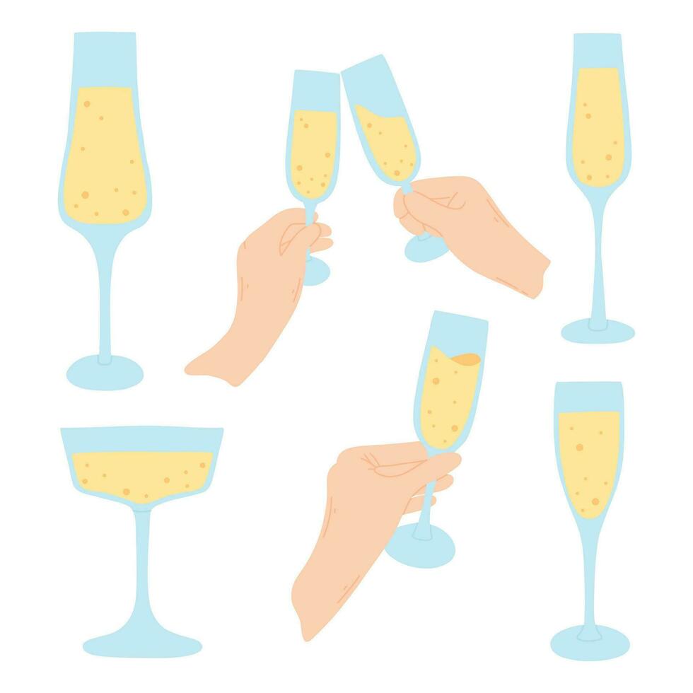 Set of glasses with champagne. Vector illustration. Collection of bubbling glasses of champagne. Flat style.