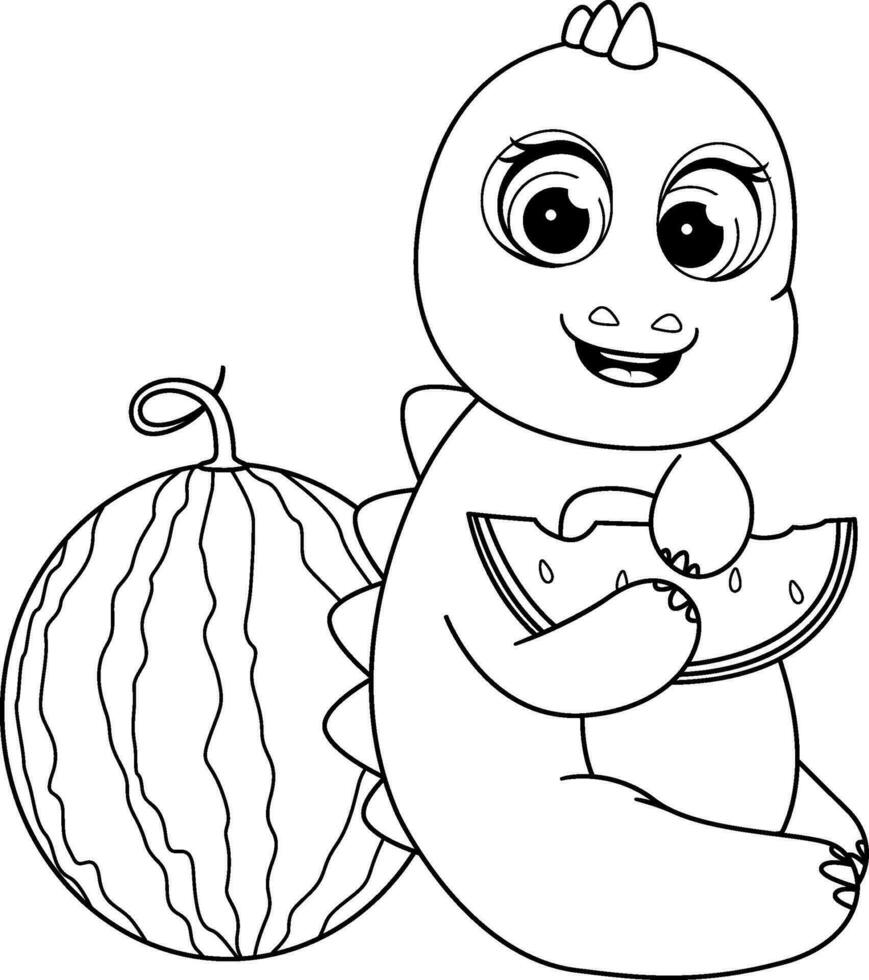 Coloring page. Refreshing Fun. Dinosaur Delights in Watermelon vector