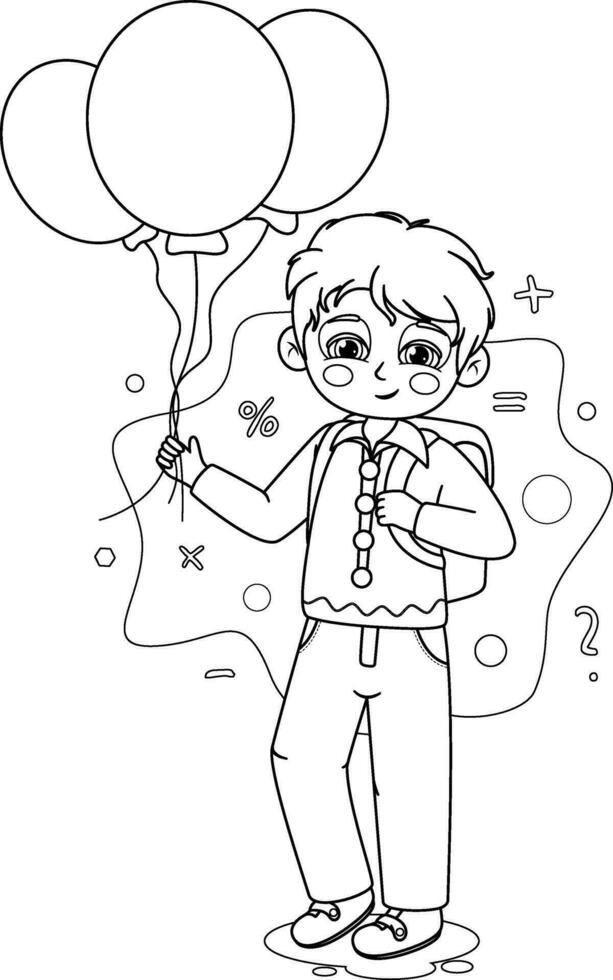 Coloring page. Schoolboy with Air Balloons and a School Bag vector