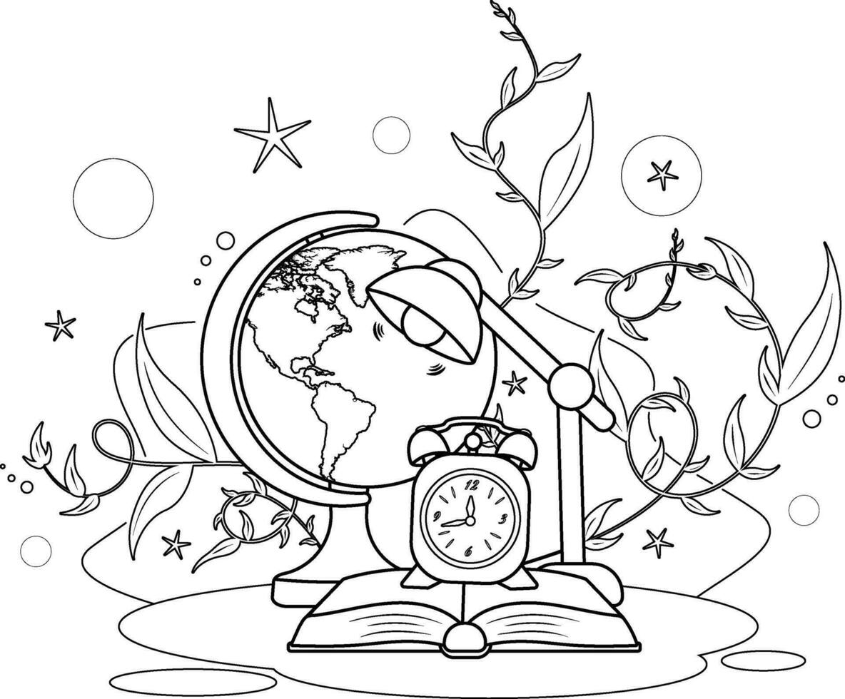 Coloring page. Book, Globe, Clock, and Desk Lamp vector