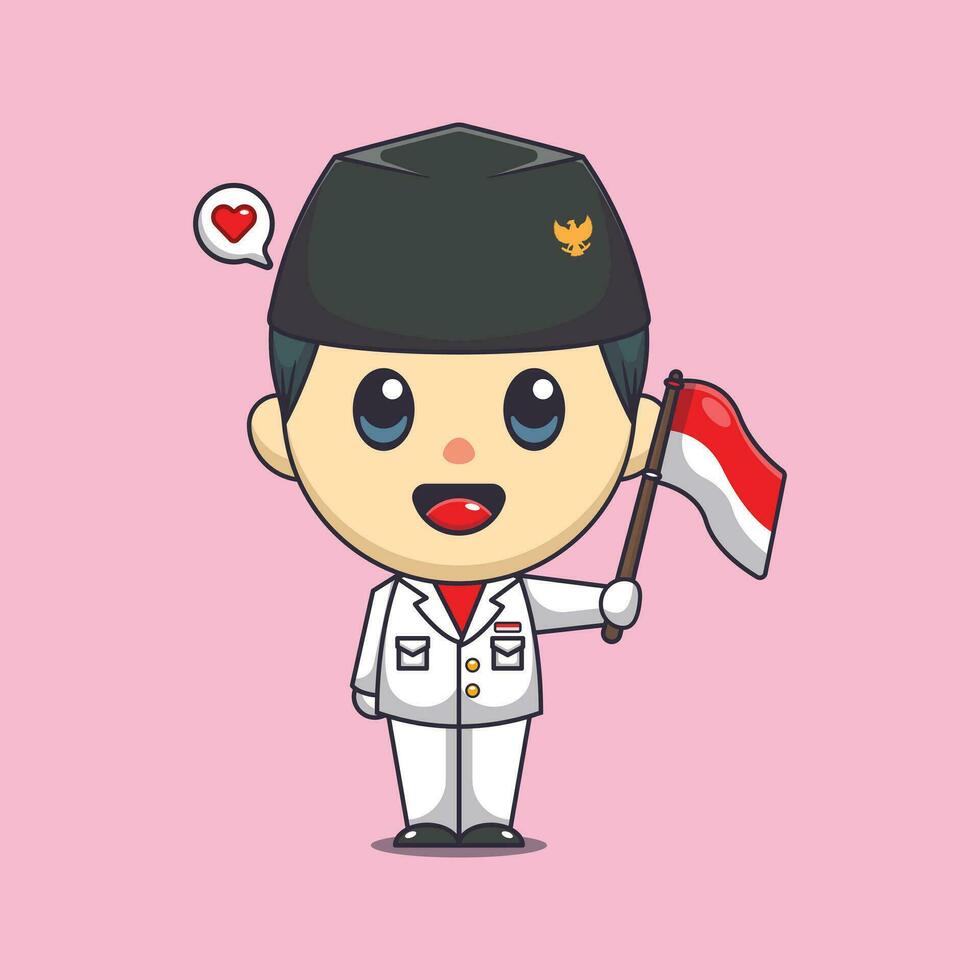 Cute flag raiser boy holding indonesian flag in indonesian independence day vector