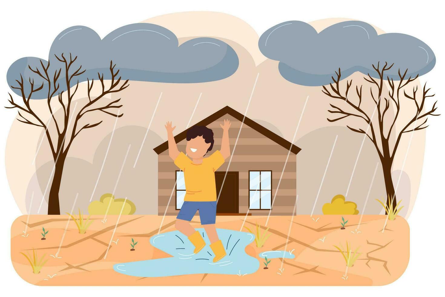 A child plays in the rain after a drought. Abnormal heat. Drought. vector