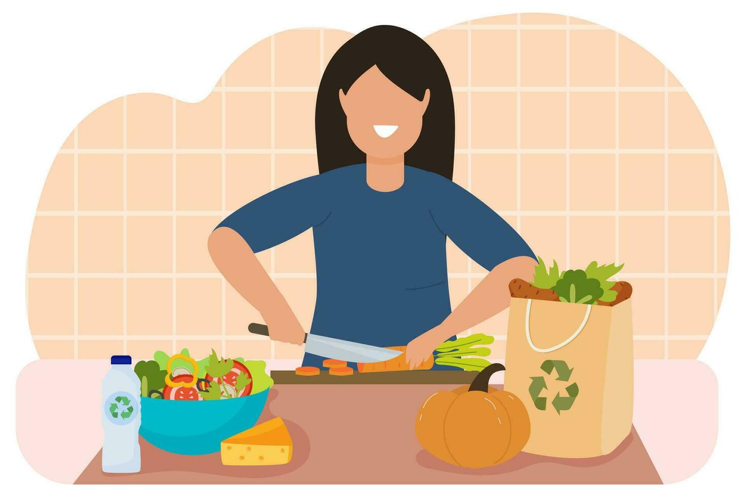 A woman in the kitchen cooks from organic products. Recycling. Vegetables. Natural products. vector