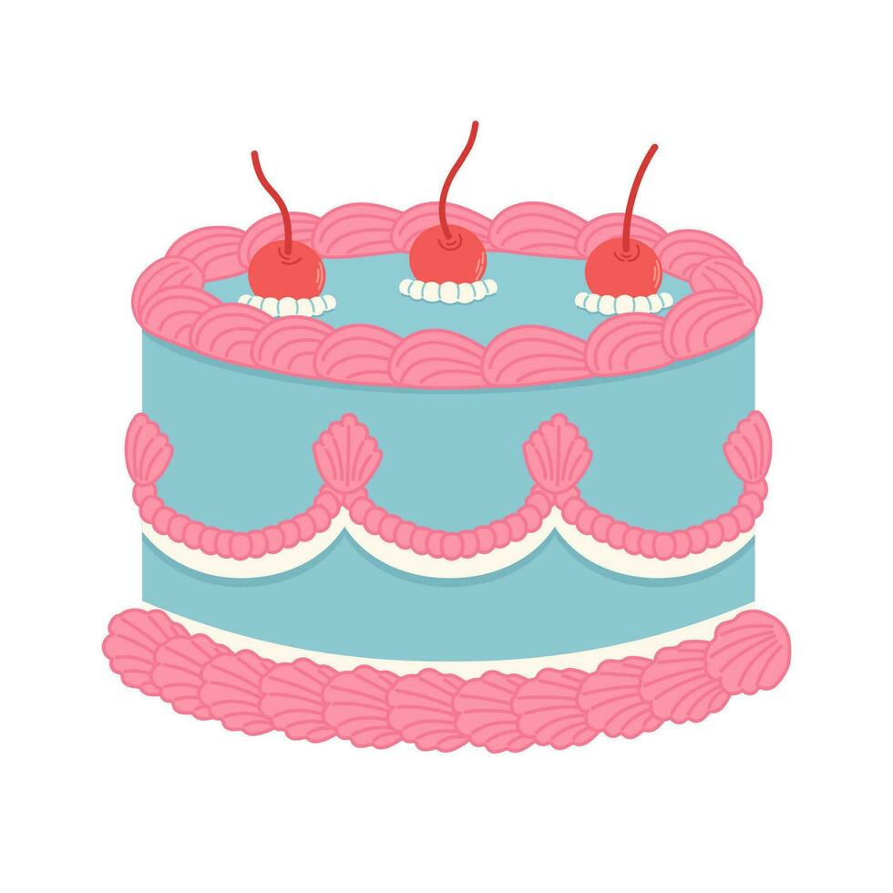 pastel con crema y cerezas en retro estilo. mano dibujado de moda vector ilustración aislado en blanco antecedentes. fiesta, cumpleaños diseño elemento.