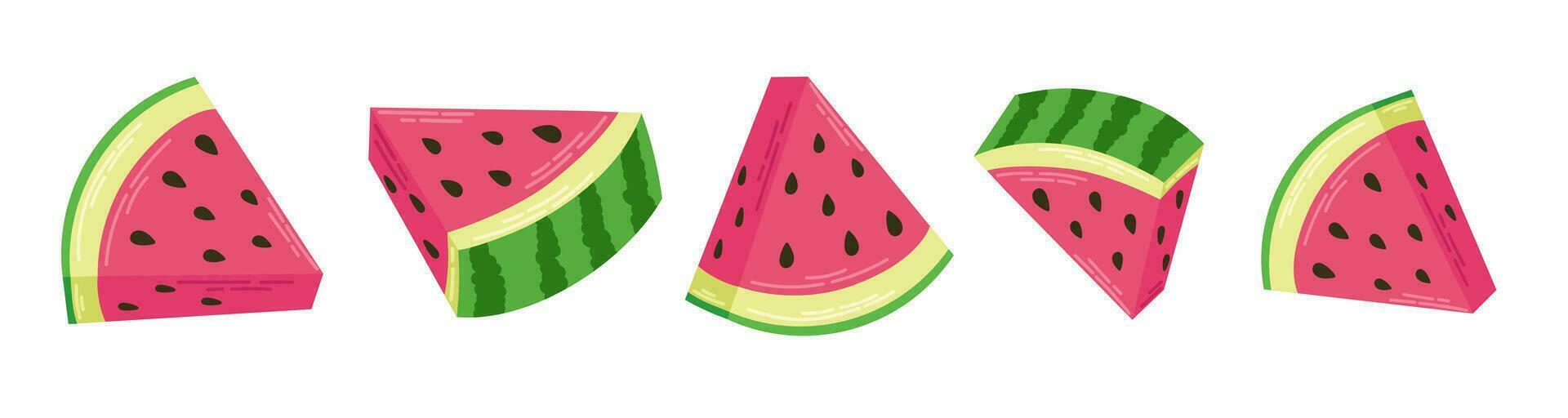 Set of slices colorful juicy watermelon. Isolated elements on white background. Vector flat illustration.