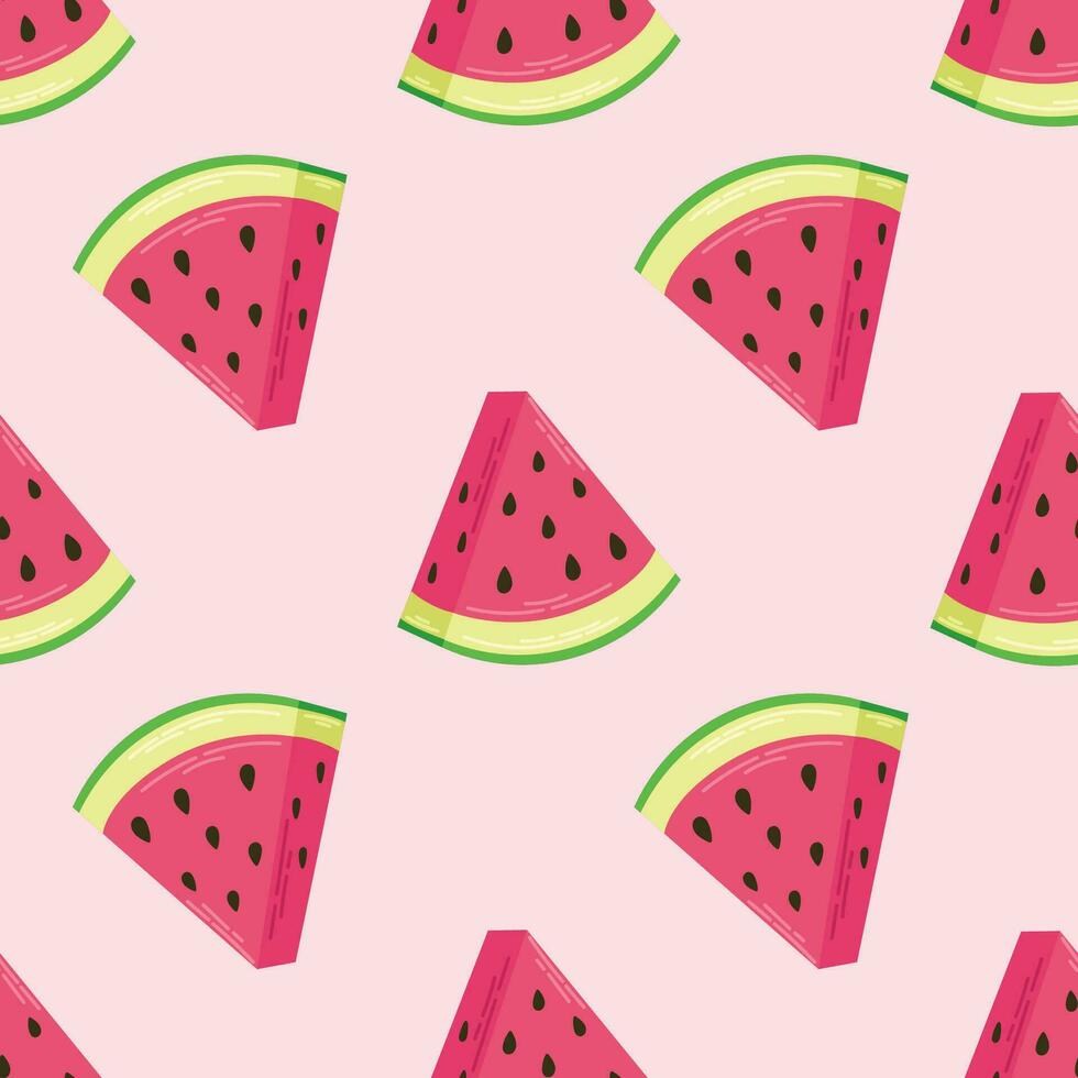 Seamless summer pattern with watermelon slices on a pink background. Summer pattern with fruits for fabric print, greeting card, wrapping. Vector flat illustration.