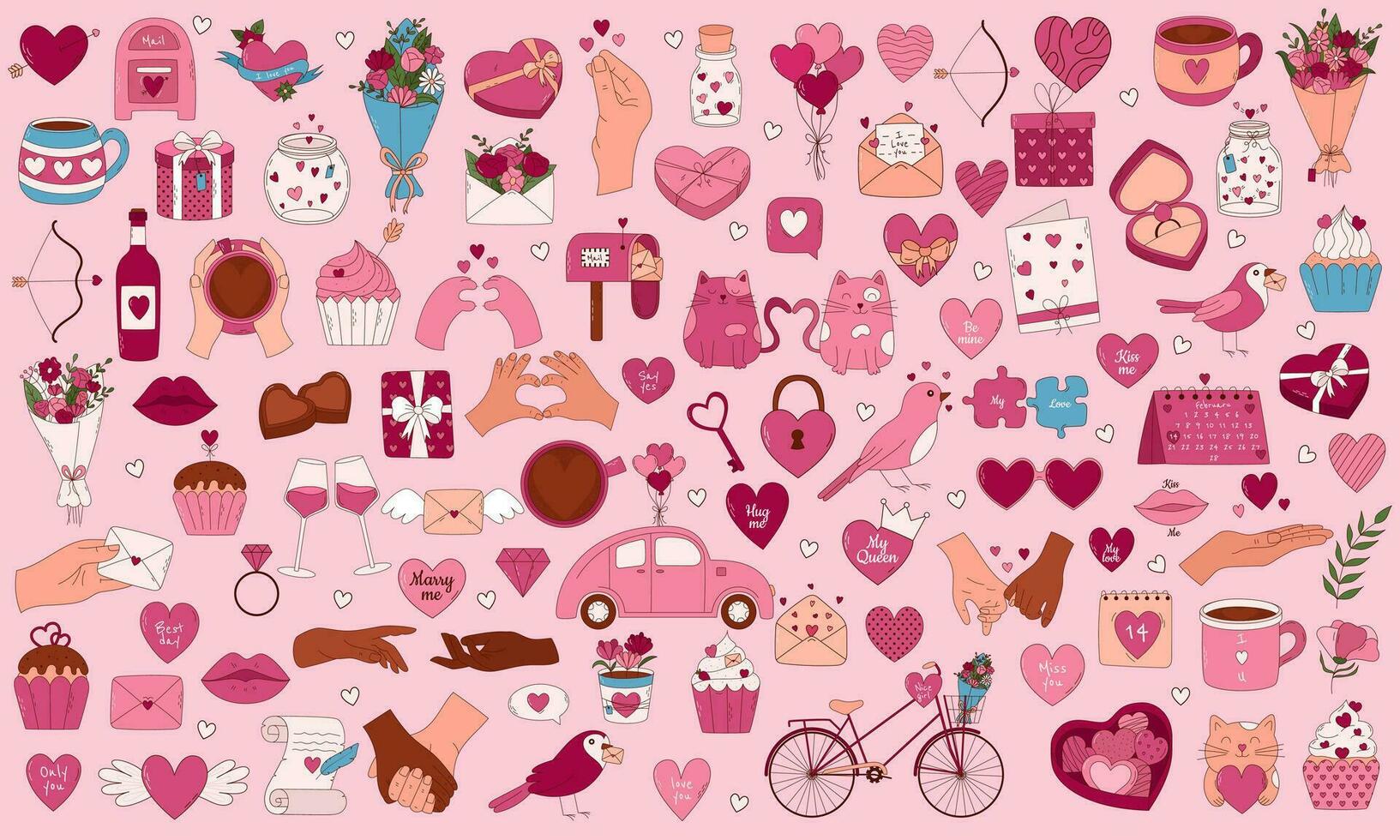 elementos dibujados a mano del día de san valentín para carteles, tarjetas de felicitación, pancartas e invitaciones. gran juego de corazón, dulces, café, cupcake, llave, caramelo, carta, diamante, flor, regalo, globo vector