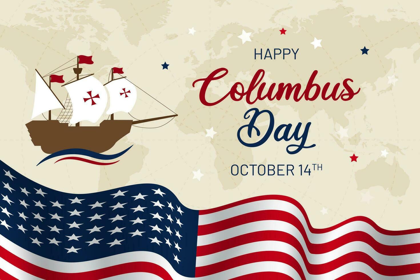 Happy Columbus Day October 14th design with a ship and US flag illustration on a world map background vector