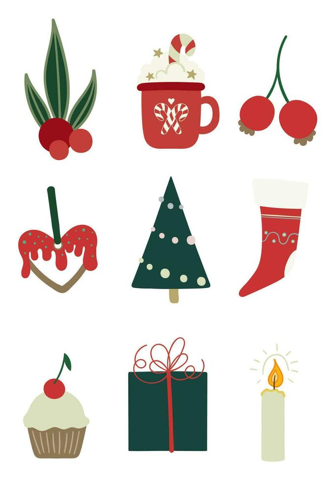 Christmas winter set. Red decoration berry, mug with hot chocolate and marshmallow, cookie, Christmas tree, sock, cupcake, gift box, candle. vector