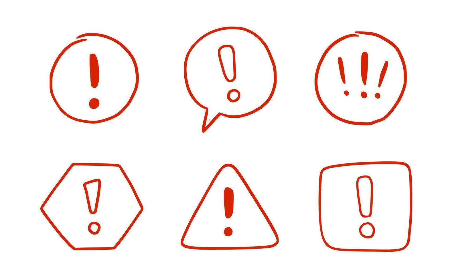 Hand drawn exclamation mark, alert sign set. Scribble doodle exclamation point, warning, hazard sign. Hand drawn sketch danger information sign. vector