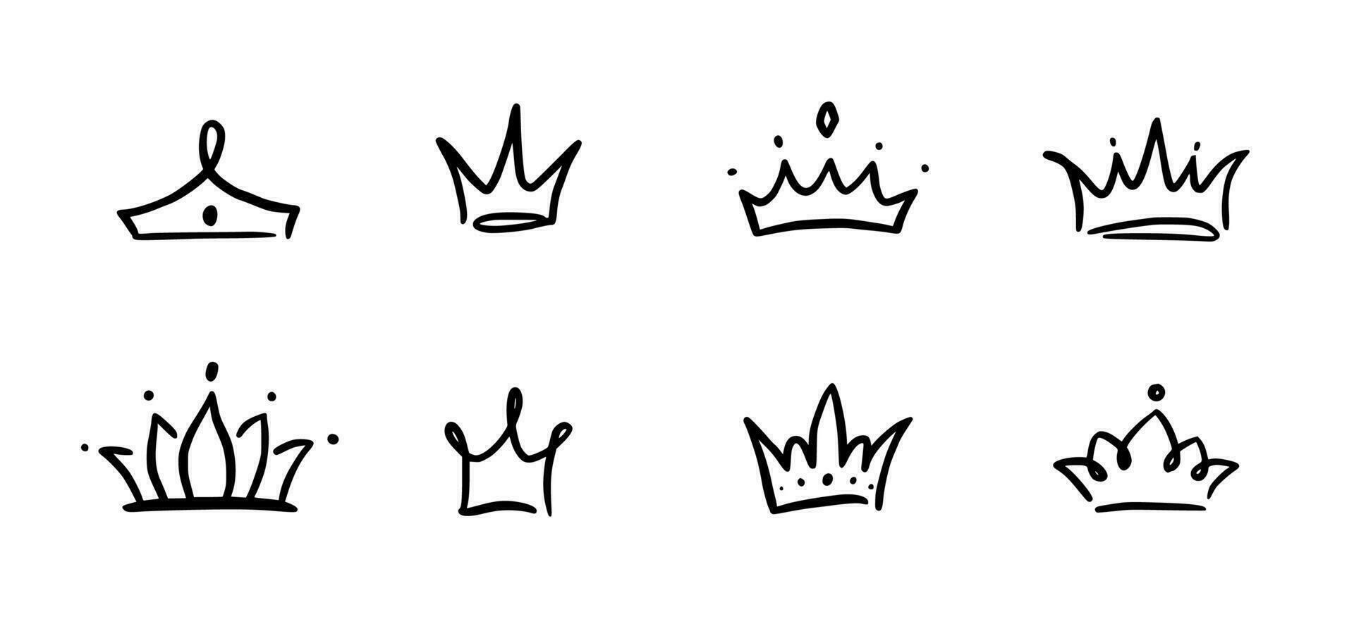 Sketch crowns. Hand drawn king, queen crown and princess tiara