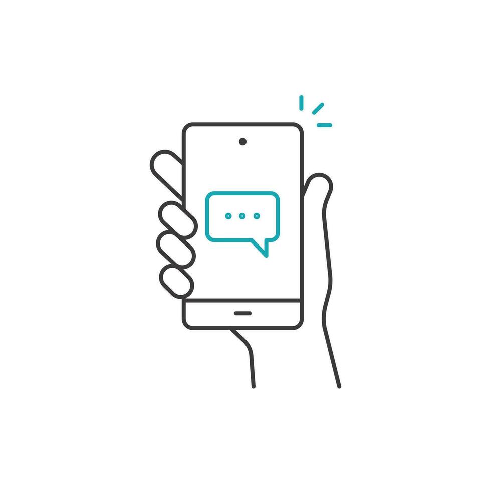 Hand hold smartphone, email send, new message notification line icon. Phone message outline icon. Isolated vector