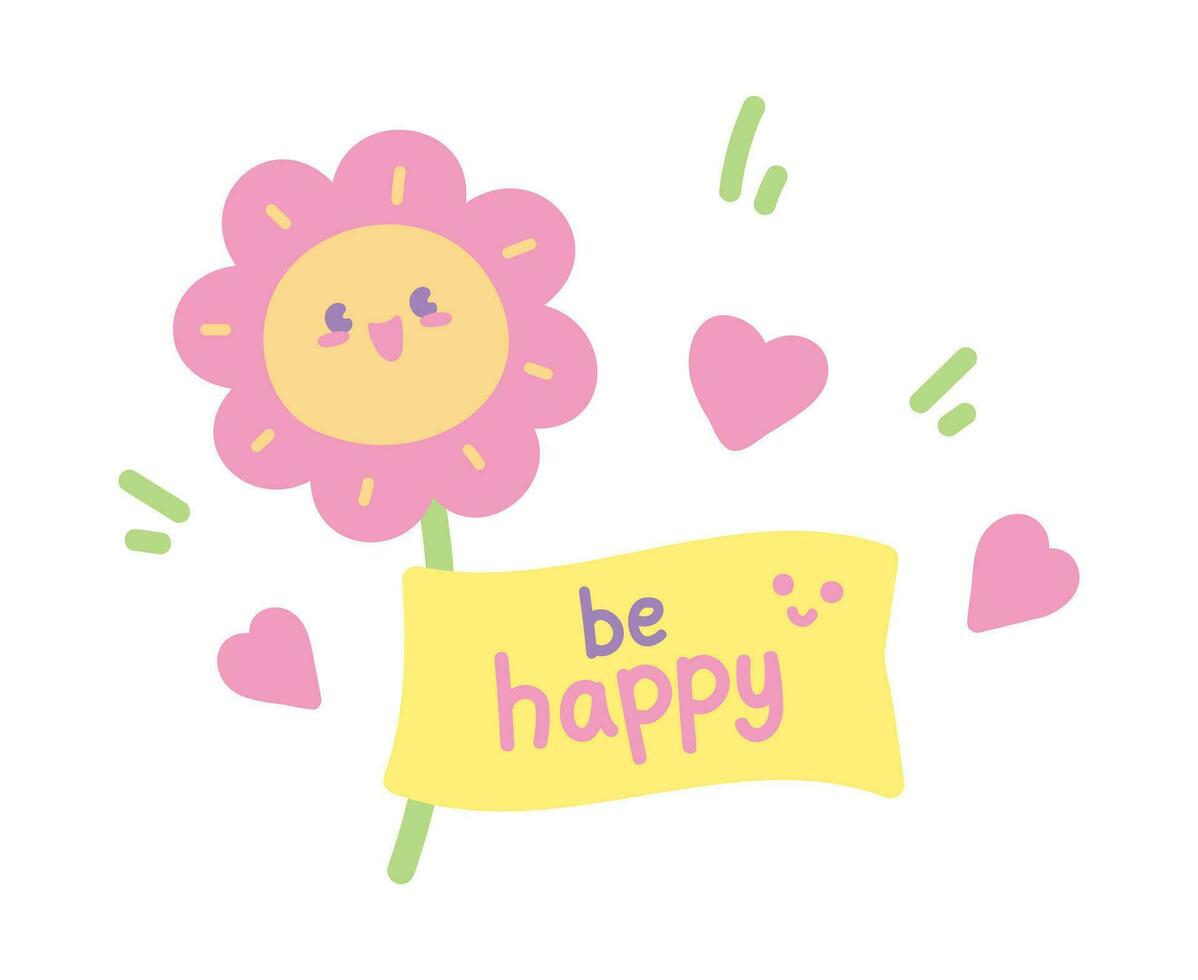cute kawaii happy flower with ribbon for adding text hand drawn cartoon vector