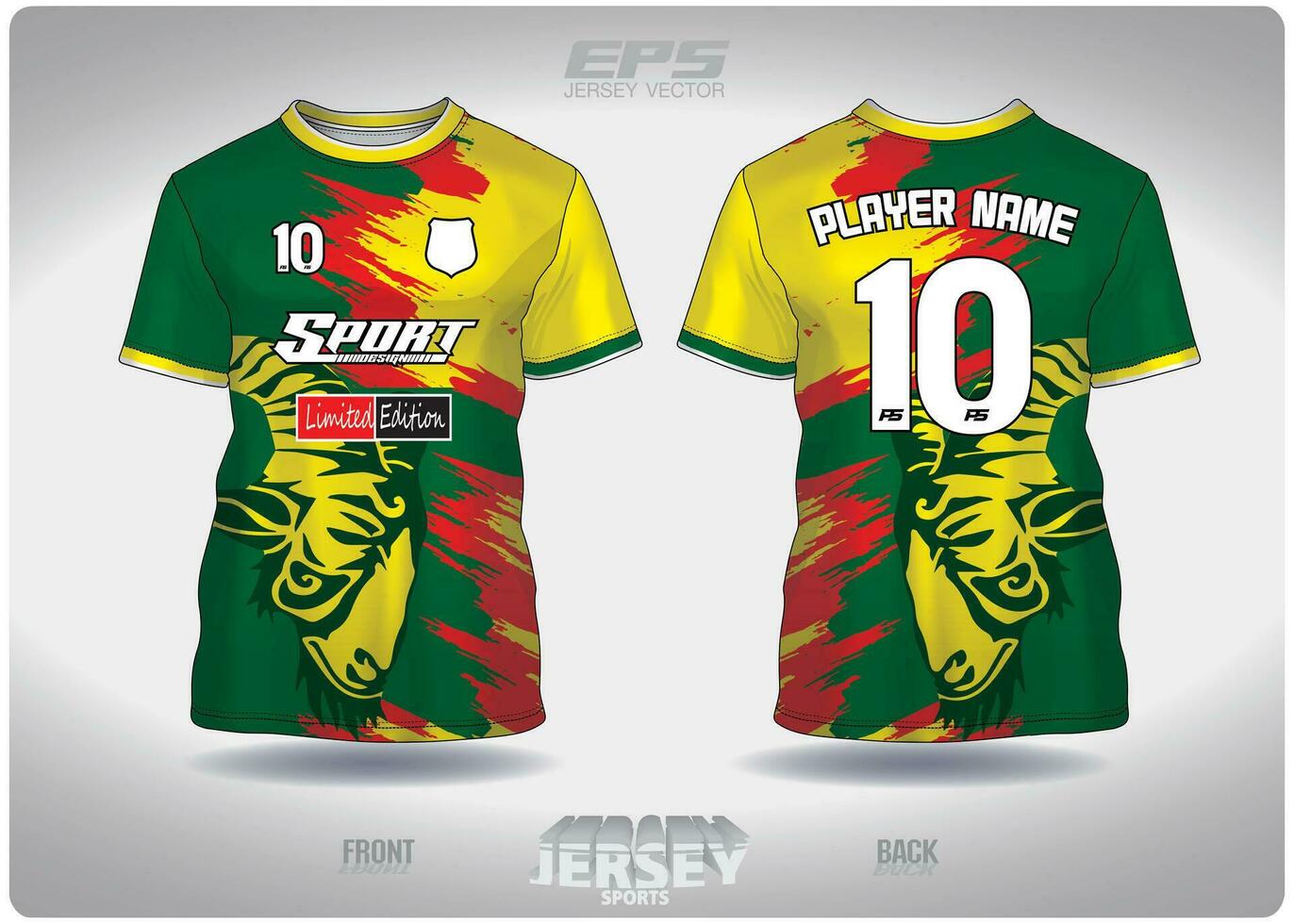 EPS jersey sports shirt vector.Goat label green yellow red pattern design, illustration, textile background for round neck sports t-shirt, football jersey shirt vector