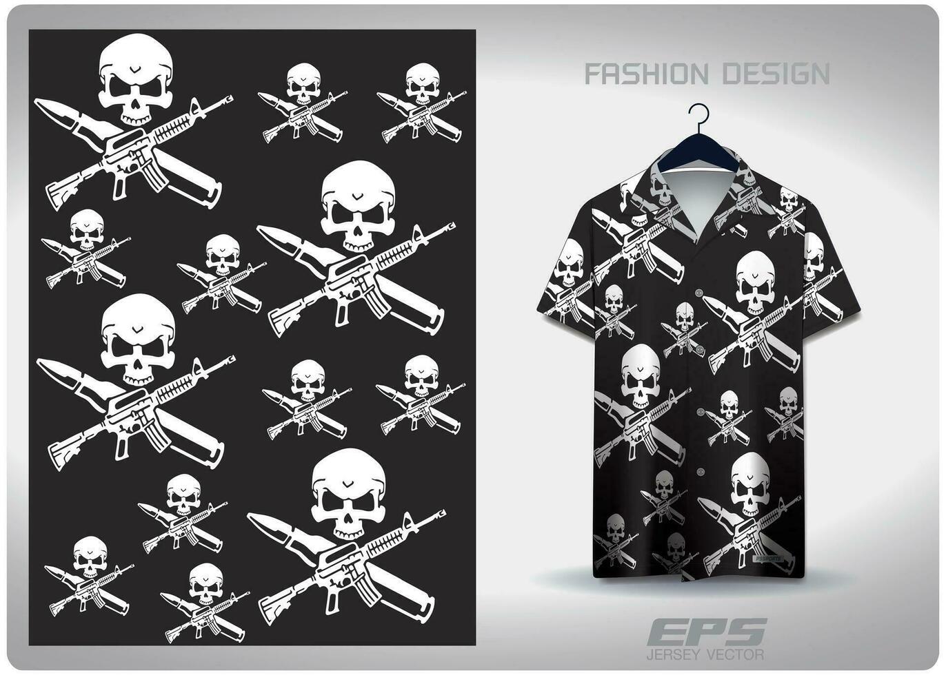 Vector hawaiian shirt background image.black and white skull war weapon gun pattern design, illustration, textile background for hawaiian shirt,jersey hawaiian shirt