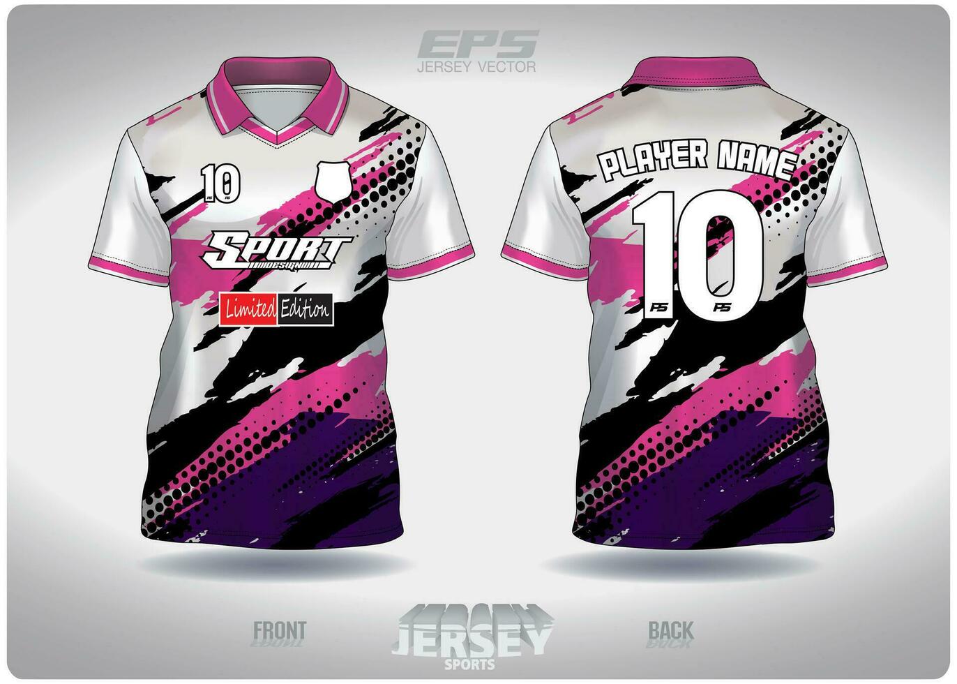 EPS jersey sports shirt vector.Use a pink purple label to add black dots pattern design, illustration, textile background for V-neck poloshirt, football jersey poloshirt vector