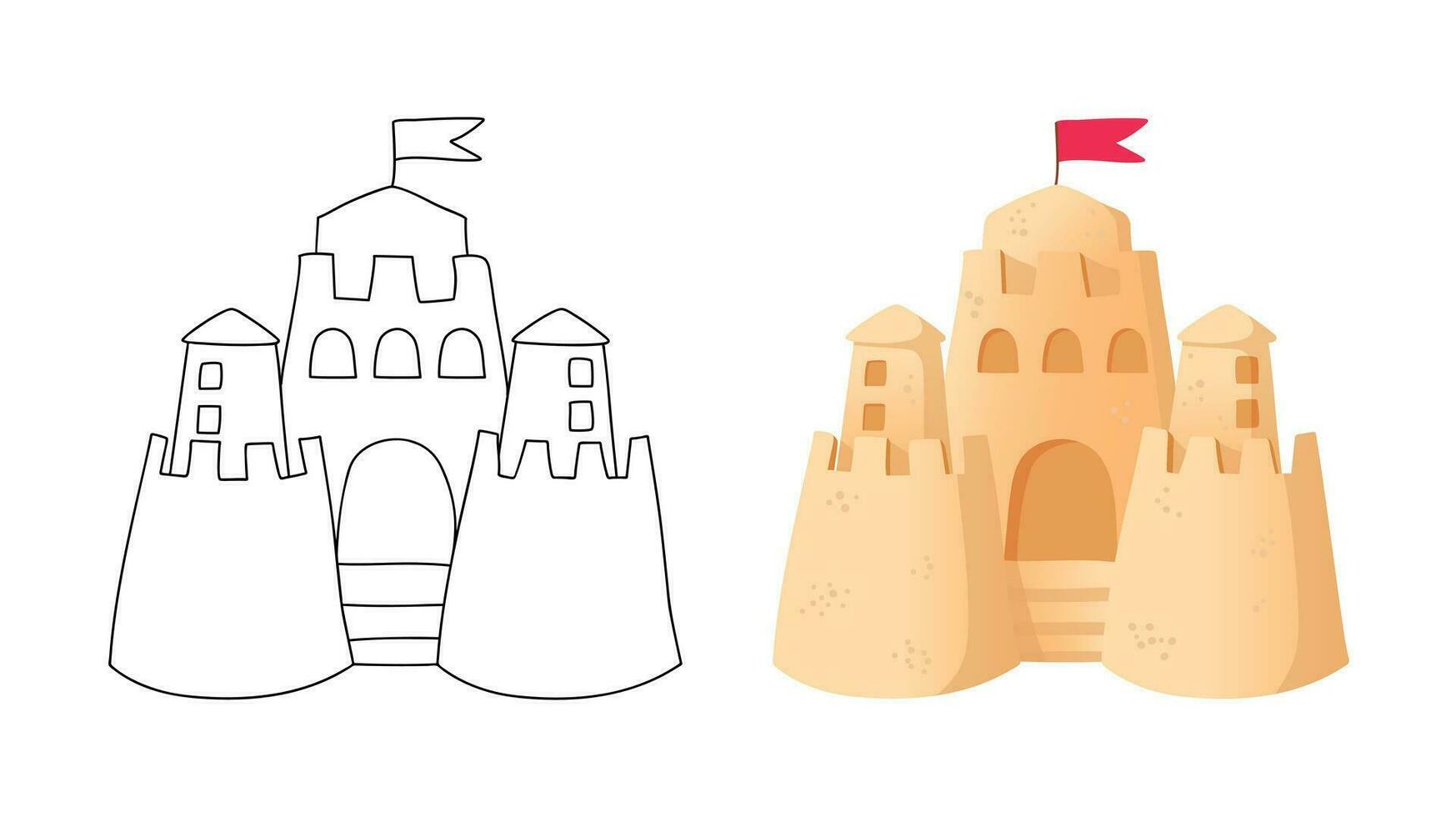 Sand castle simple outline and cartoon style illustration on white background. Sand fortress with towers on the beach, isolated objects vector