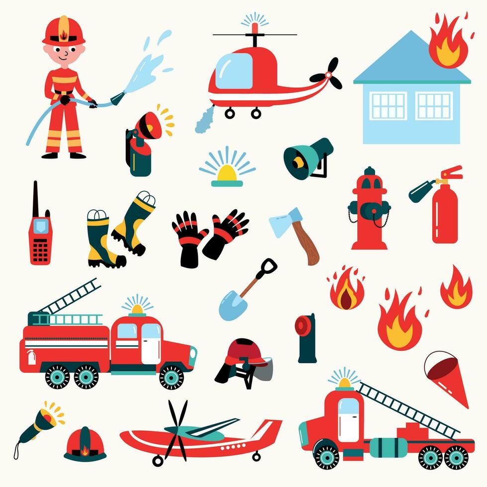 Fire Rescue Set. Firefighter, fire trucks, house on fire, fire equipment. vector