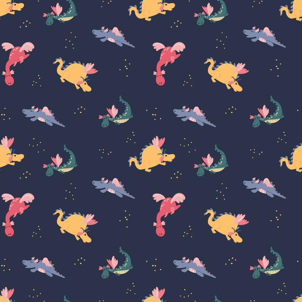 Seamless pattern with cute hand drawn dragons. Design for fabric, textile, wallpaper, packaging. vector