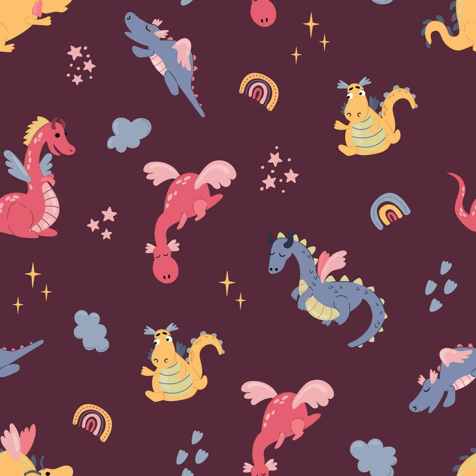 Seamless pattern with cute hand drawn dragons. Design for fabric, textile, wallpaper, packaging. vector