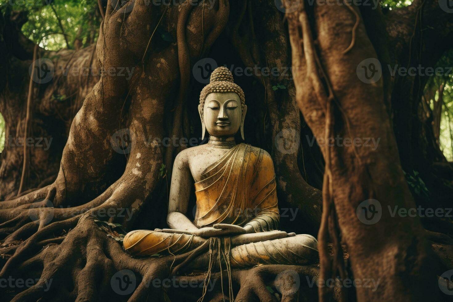 Ancient buddha statue under big tree. Generative AI photo