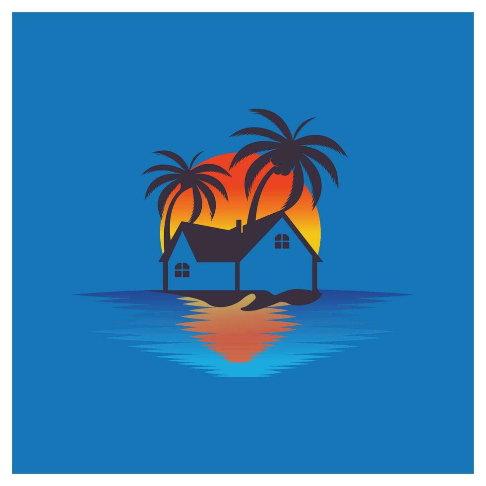 minimalista icono puesta de sol playa casa logo vector