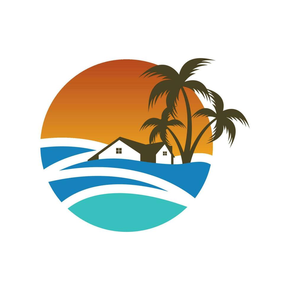 minimalista icono puesta de sol playa casa logo vector