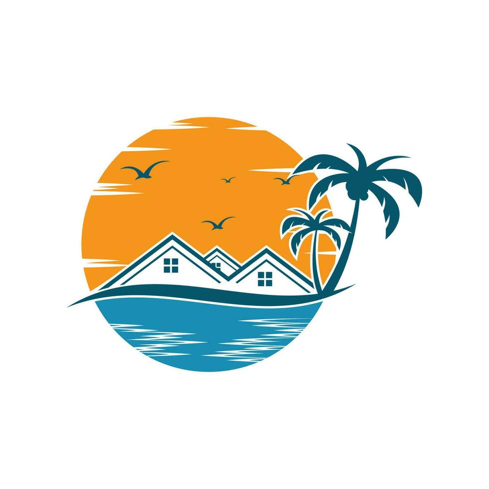 minimalista icono puesta de sol playa casa logo vector