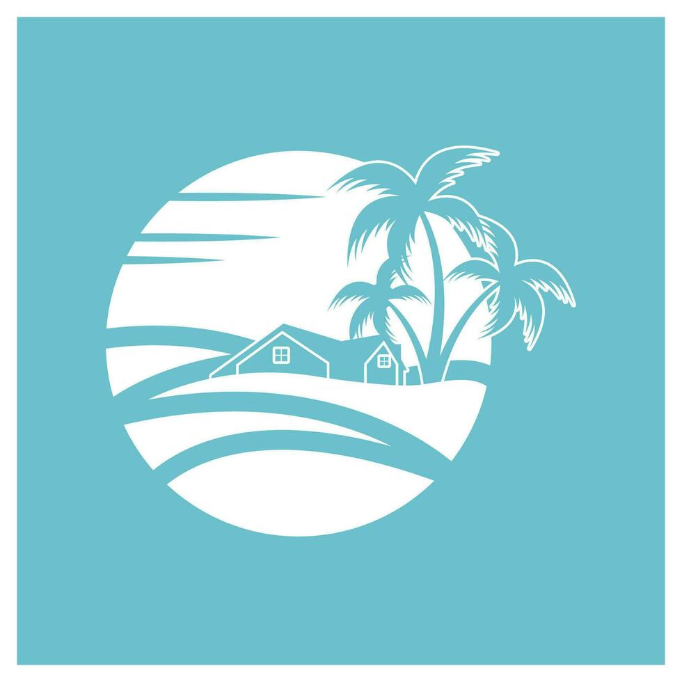 minimalista icono puesta de sol playa casa logo vector