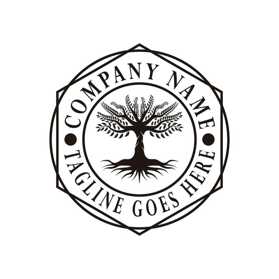 Root Leaf Family Tree of Life Oak Banyan Maple Stamp Seal Emblem Label logo vector