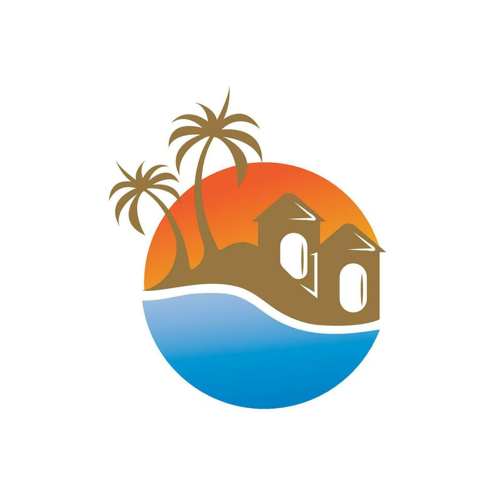 Minimalist icon sunset beach house logo vector