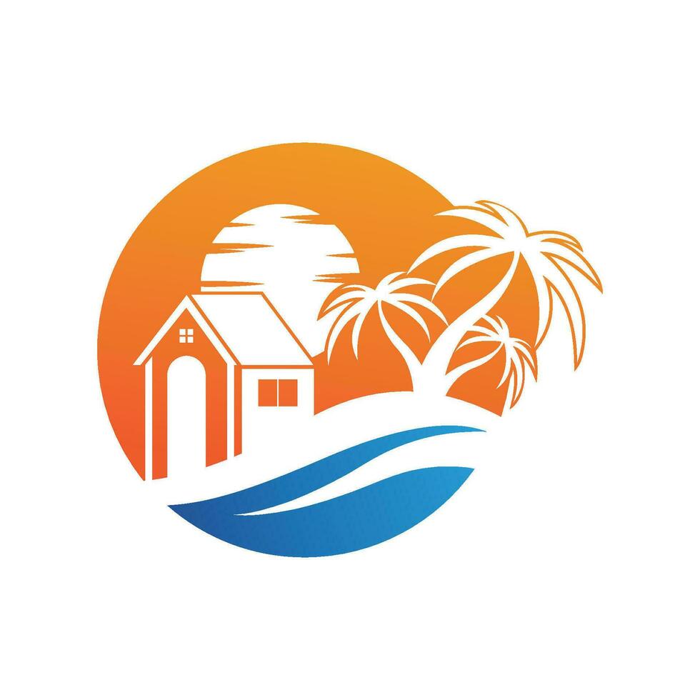 minimalista icono puesta de sol playa casa logo vector