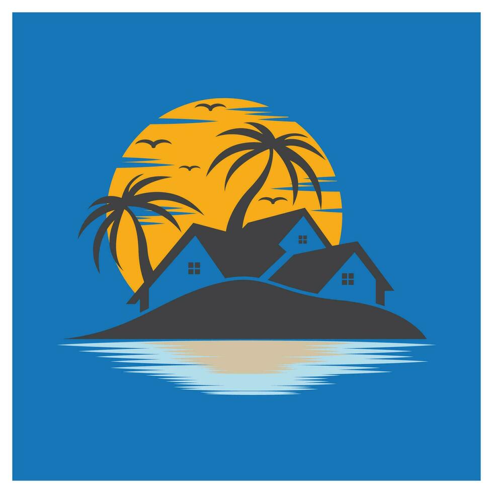 minimalista icono puesta de sol playa casa logo vector