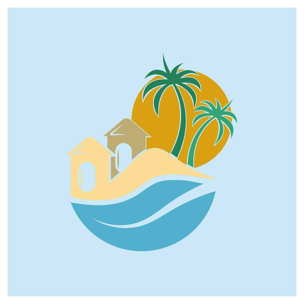 minimalista icono puesta de sol playa casa logo vector